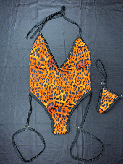 Animal Print/Black Spandex One-Piece Lingerie Outfit