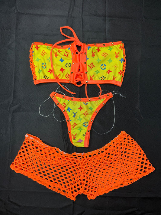 Orange/Yellow Bunny Spandex Three-Piece Lingerie Outfit