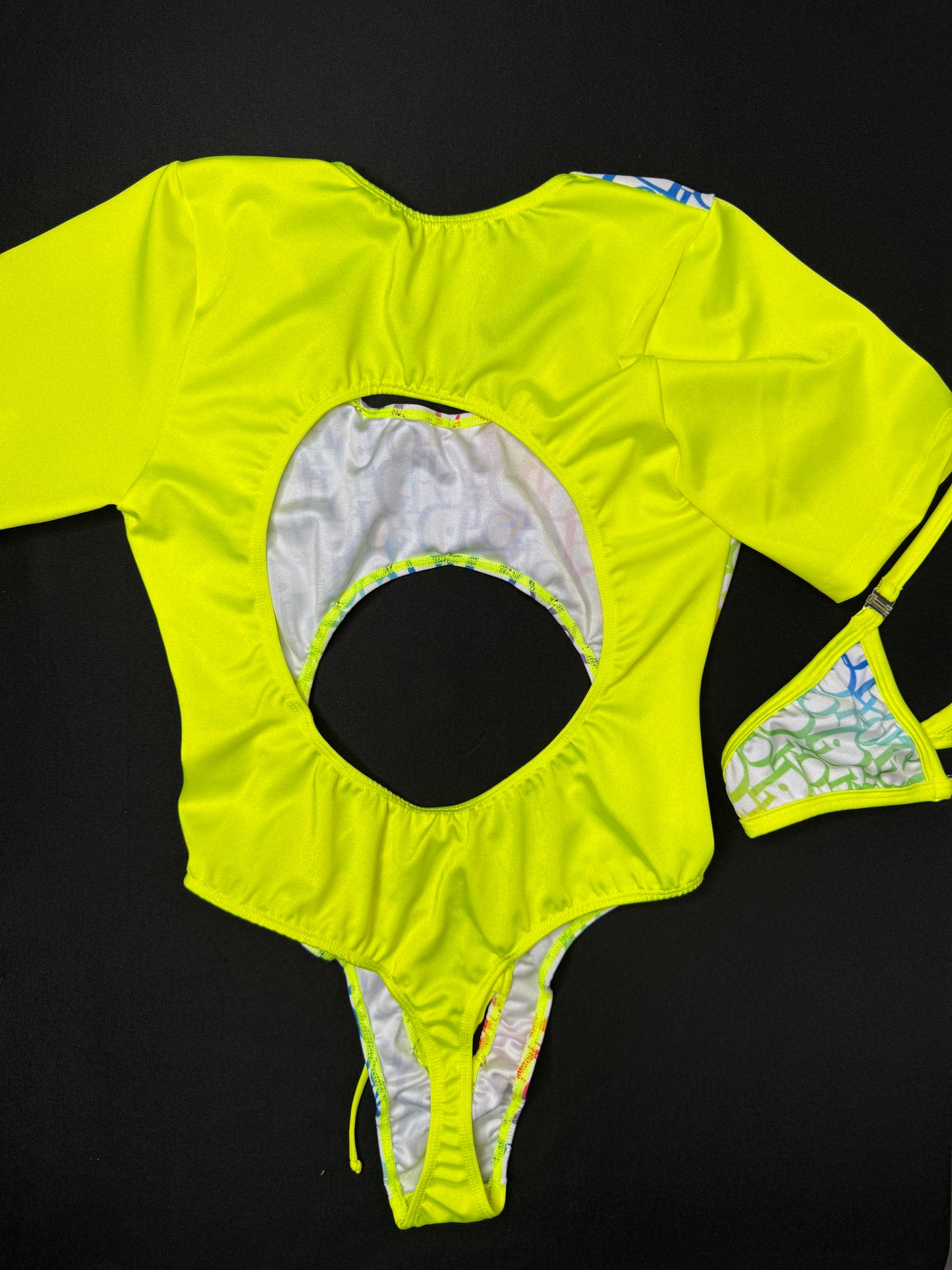 Neon Yellow/Designer Rainbow One-Piece Short Sleeve Leotard Lingerie Outfit