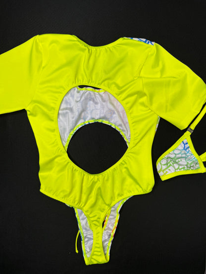 Neon Yellow/Designer Rainbow One-Piece Short Sleeve Leotard Lingerie Outfit