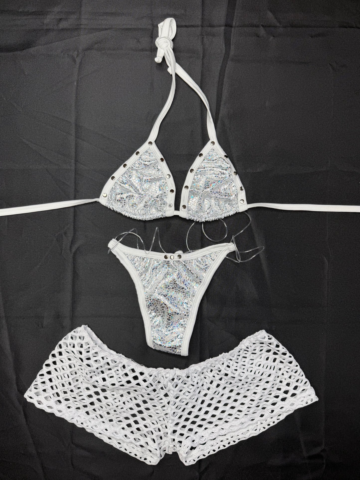 Silver/White Spandex Bikini/Shorts Three-Piece Lingerie Outfit