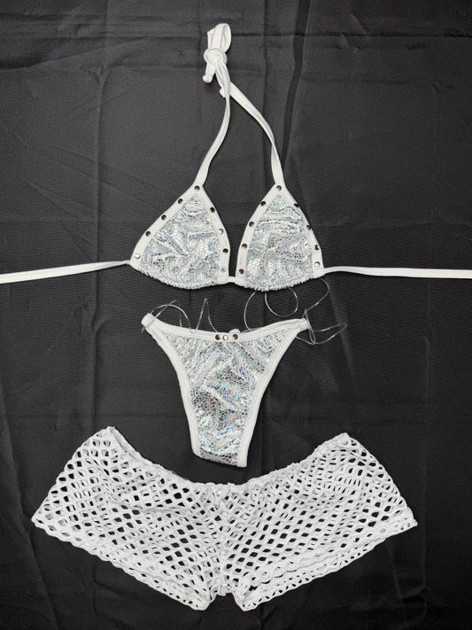 Silver/White Spandex Bikini/Shorts Three-Piece Lingerie Outfit