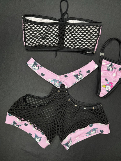 Baby Pink/Black Kuromi Tube Top/Shorts Two-Piece Lingerie Outfit