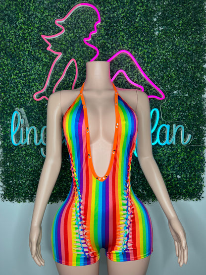 Rainbow Print One-Piece Ripped Back Lingerie Outfit