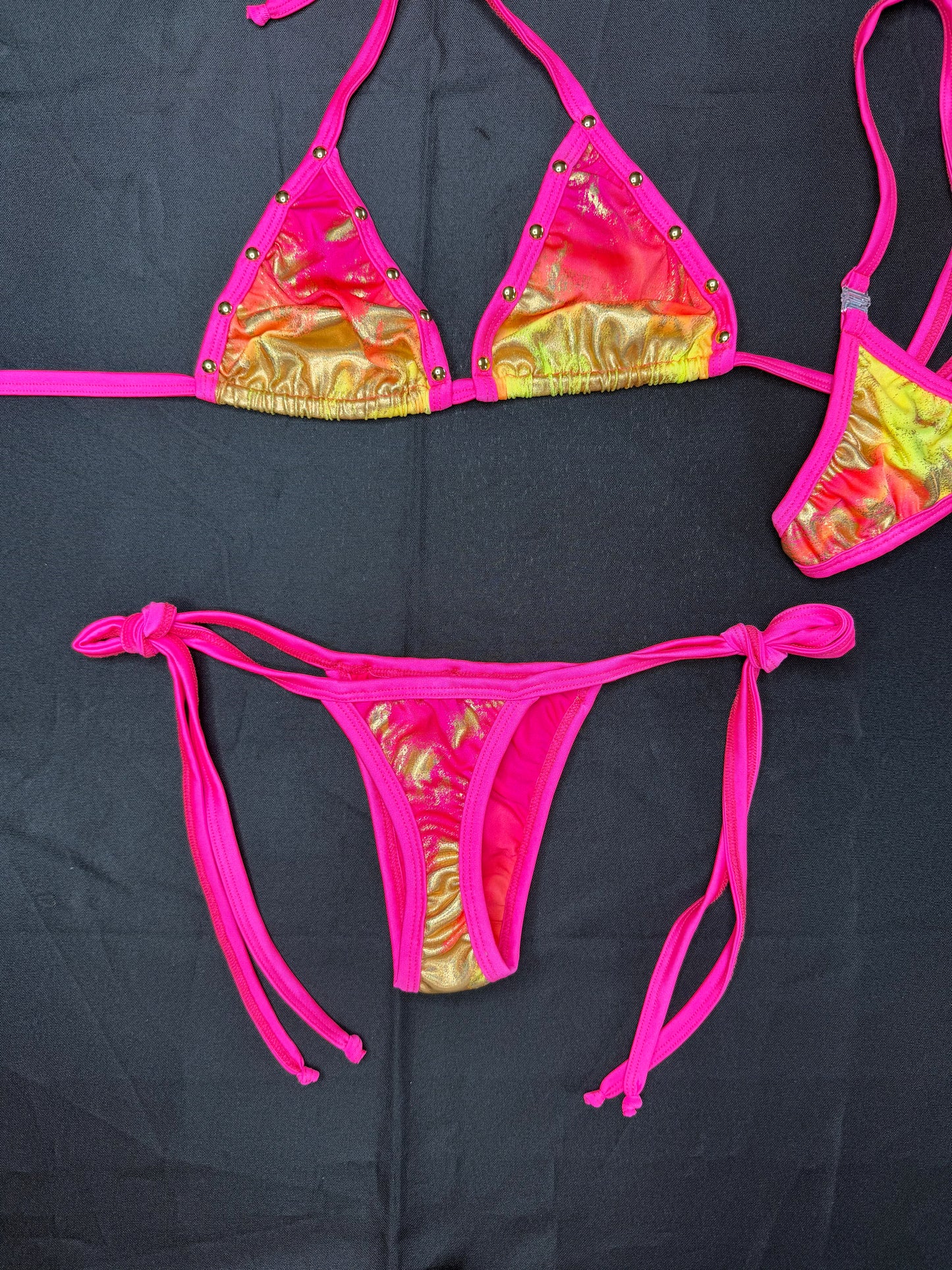 Red/Hot Pink/Yellow Spandex Two-Piece Bikini Lingerie Outfit