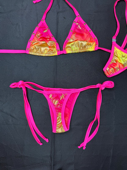 Red/Hot Pink/Yellow Spandex Two-Piece Bikini Lingerie Outfit
