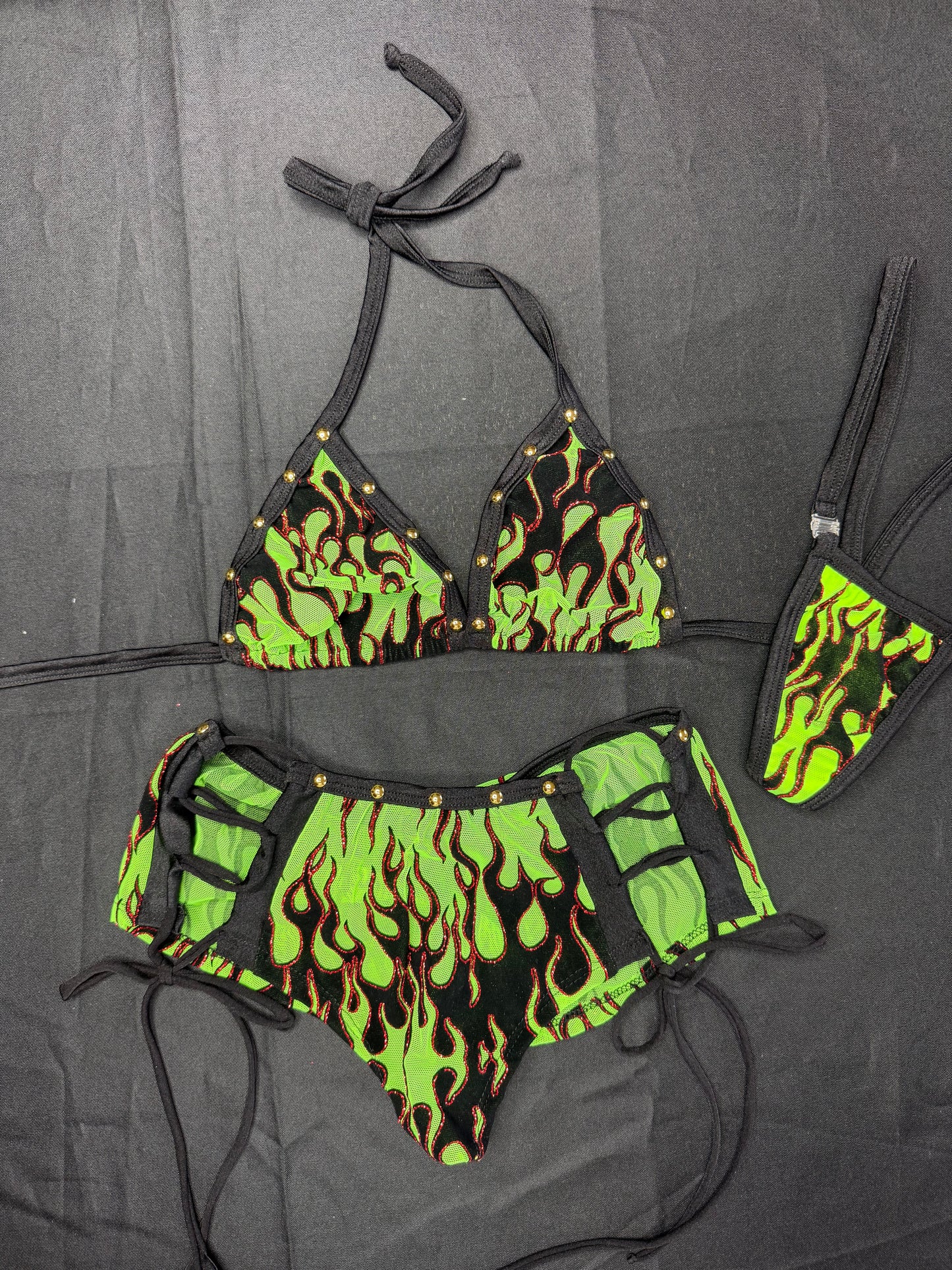 Green Flame Mesh Two-Piece Shorts Lingerie Outfits