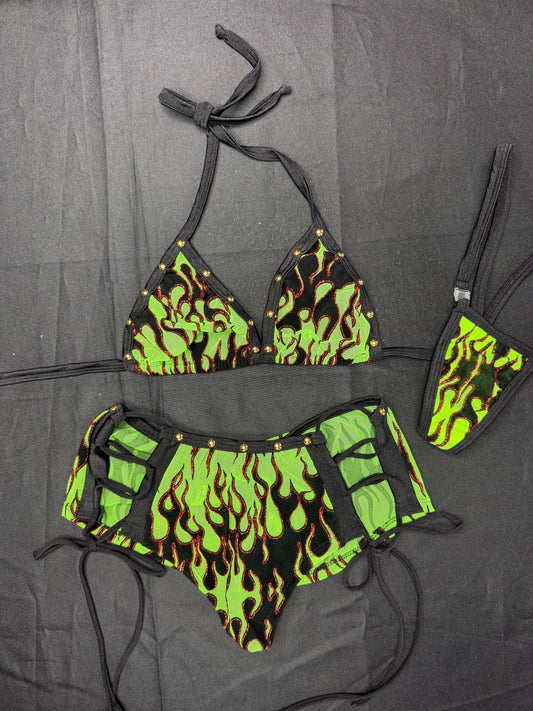 Green Flame Mesh Two-Piece Shorts Lingerie Outfits