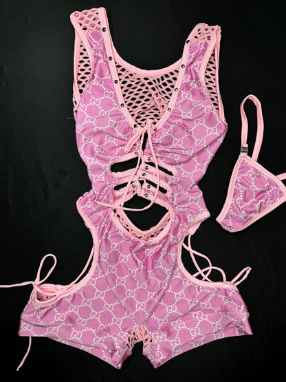 Baby Pink Designer Spandex/Fishnet One-Piece Lingerie Outfit