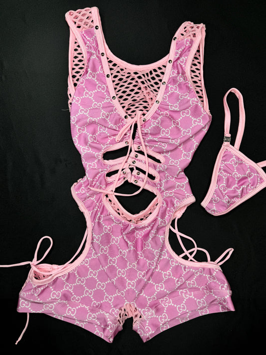 Baby Pink Designer Spandex/Fishnet One-Piece Lingerie Outfit