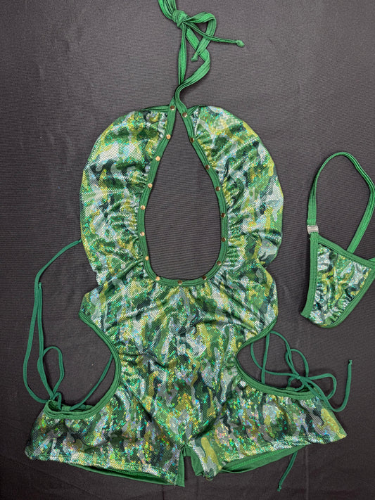 Holographic Green Camouflage One-Piece Lingerie Outfit