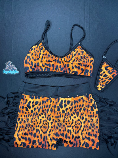 Animal Print Leopard Sports Bra Fringe Shorts Two-Piece Lingerie Outfit