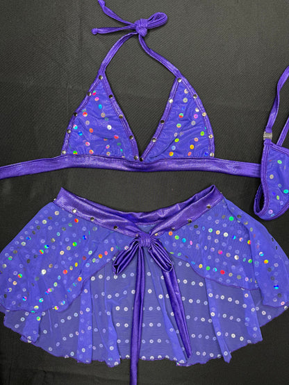 Purple Spandex/Purple Mesh Bikini Top/Skirt Two-Piece Lingerie Outfit