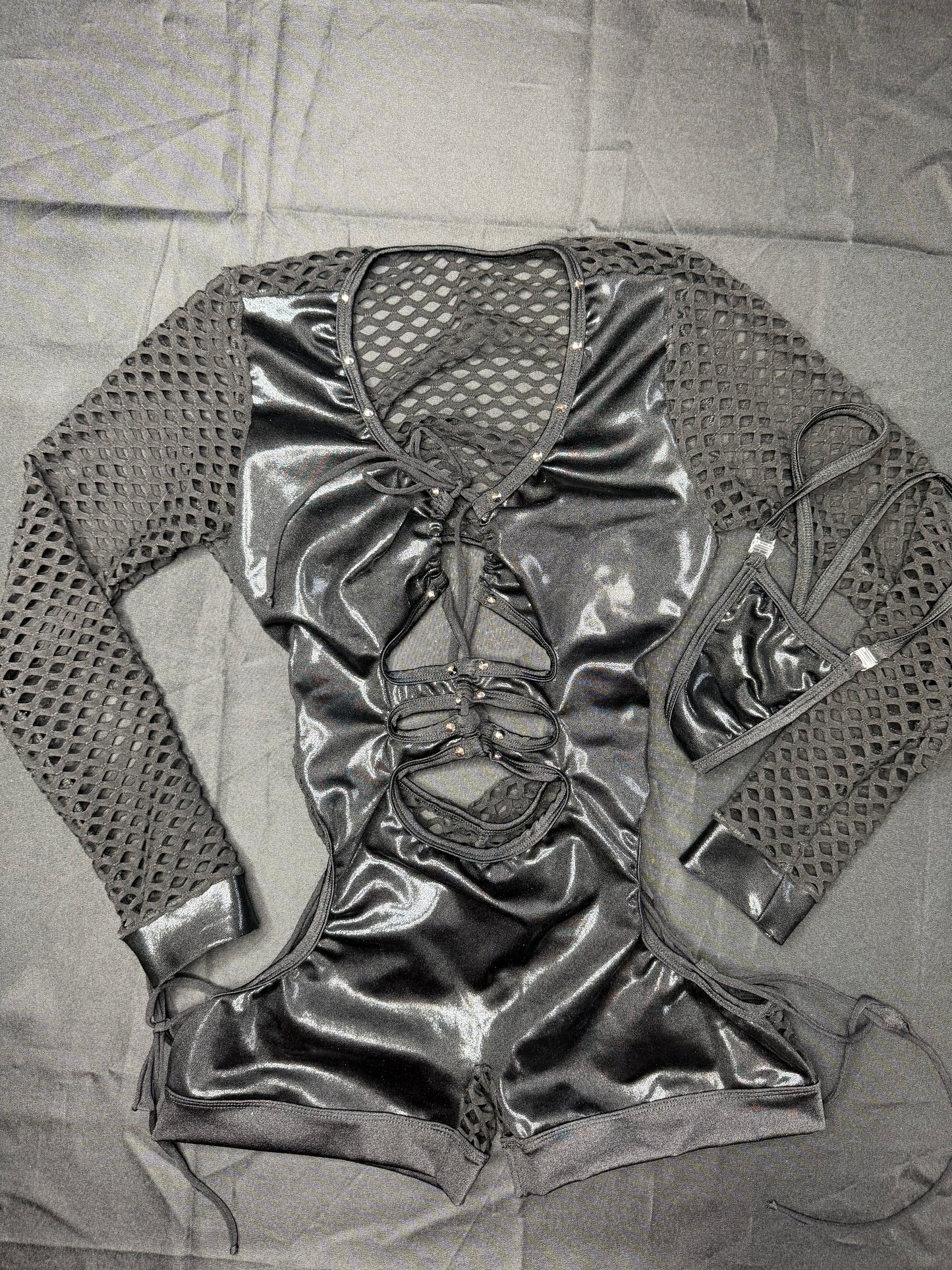 Black Spandex Fishnet Romper Lingerie Outfit