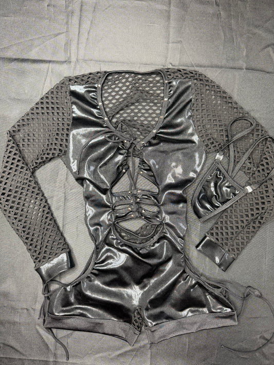 Black Spandex Fishnet Romper Lingerie Outfit