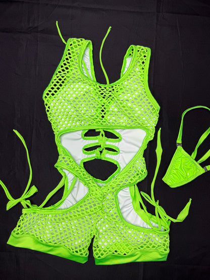 Neon Green Latex/Spandex Romper Lingerie Outfit