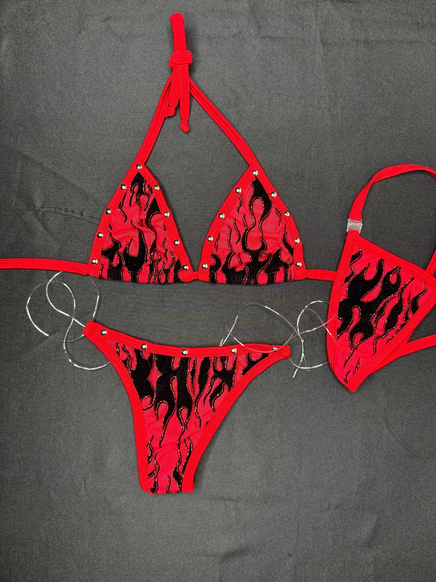 Red Flame Glitter Mesh Bikini Two-Piece Lingerie Outfit