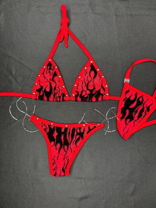 Red Flame Glitter Mesh Bikini Two-Piece Lingerie Outfit