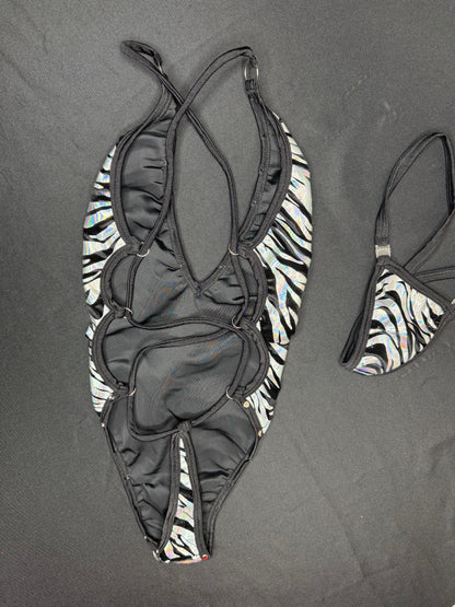 Silver/Black Animal Print One-Piece Lingerie Outfit