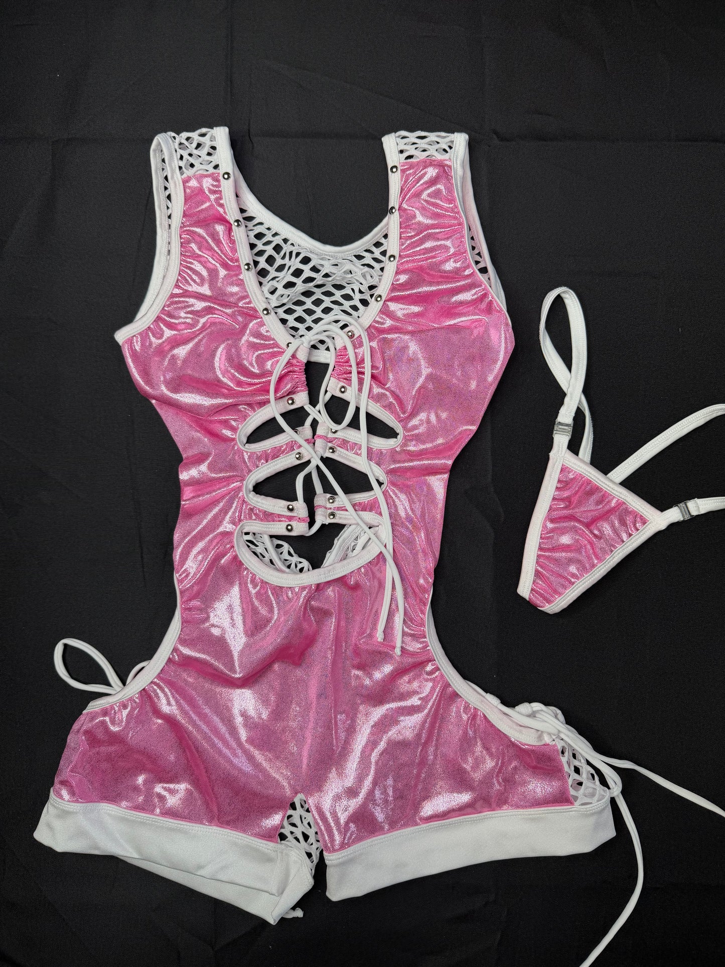 Metallic Baby Pink Spandex/White Fishnet Romper Lingerie Outfit