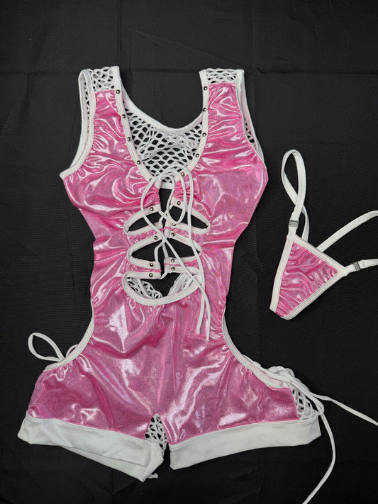 Metallic Baby Pink Spandex/White Fishnet Romper Lingerie Outfit