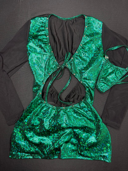 Metallic Green/Black Spandex/Mesh Ripped Back One-Piece Romper Lingerie Outfit