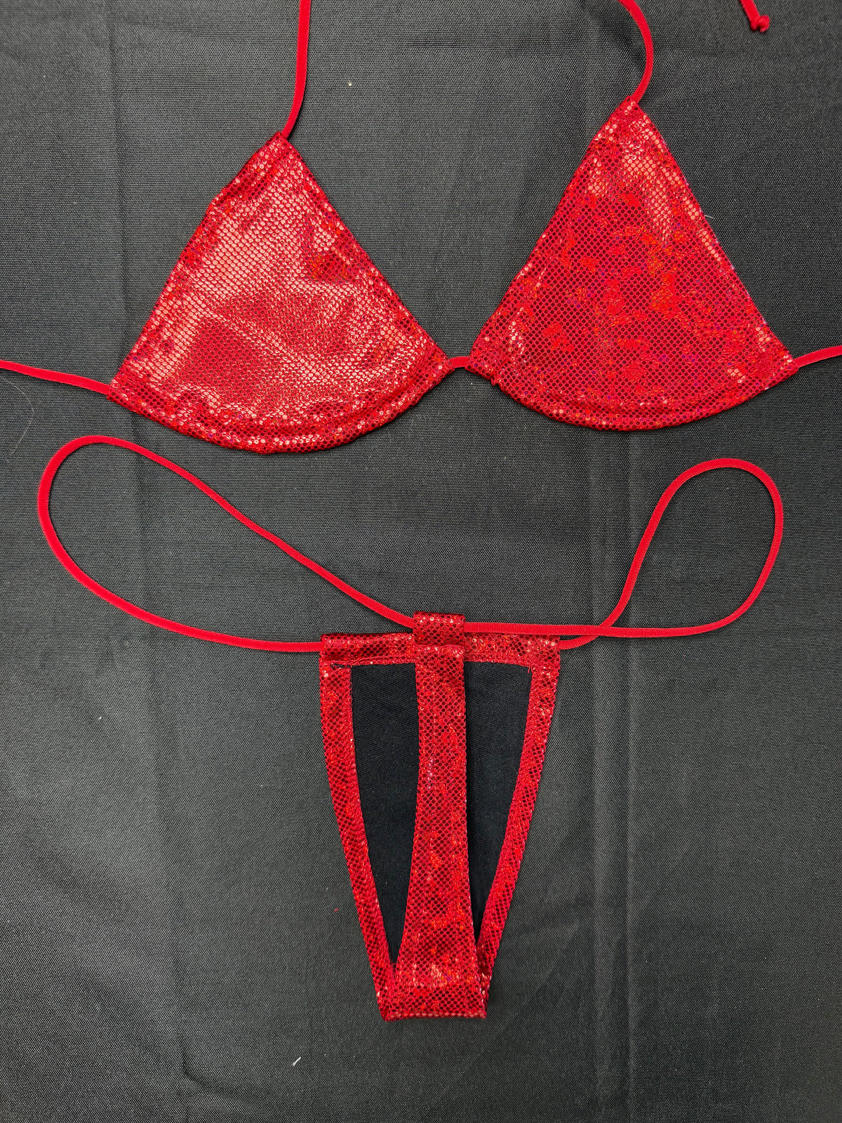 Metallic Red Spandex Micro Bikini Lingerie Outfit
