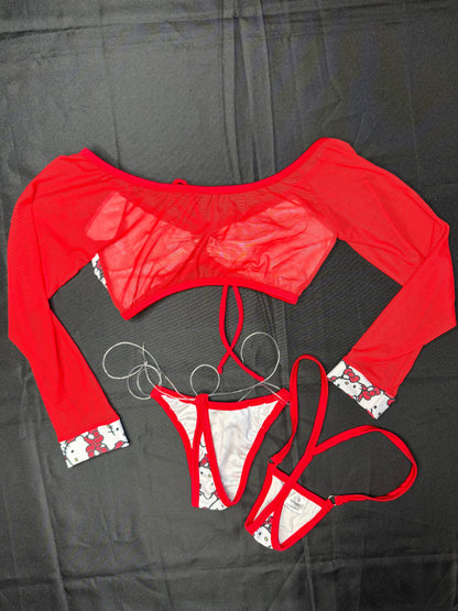 Red Mesh/Kitty Spandex Two-Piece Lingerie Outfit