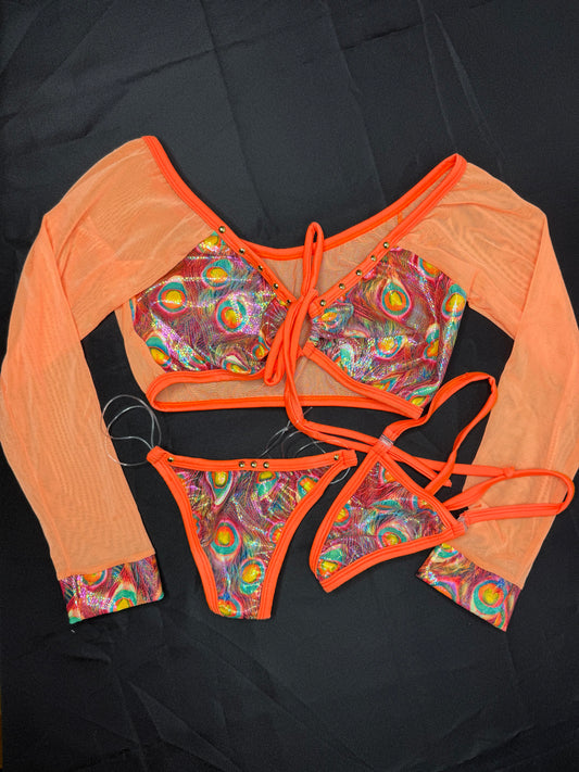Orange Mesh/Holographic Peacock Animal Print Spandex Two-Piece Lingerie Outfit