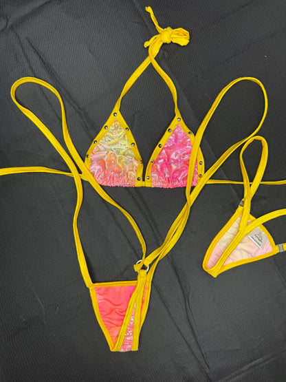 Metallic Pink/Yellow Spandex Sling-Shot Lingerie Outfit