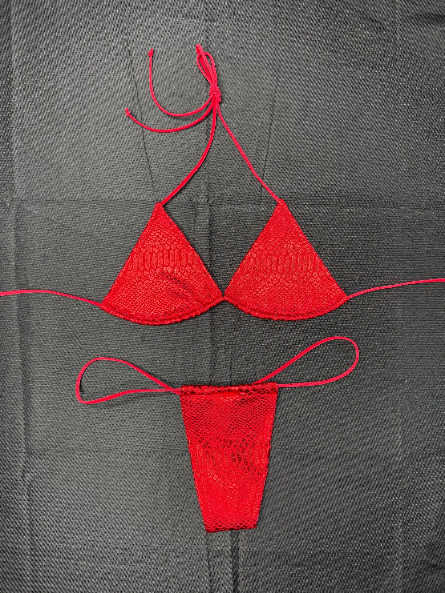 Red Snake Skin Animal Print Two-Piece Micro Bikini Lingerie Outfit