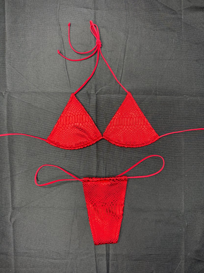 Red Snake Skin Animal Print Two-Piece Micro Bikini Lingerie Outfit