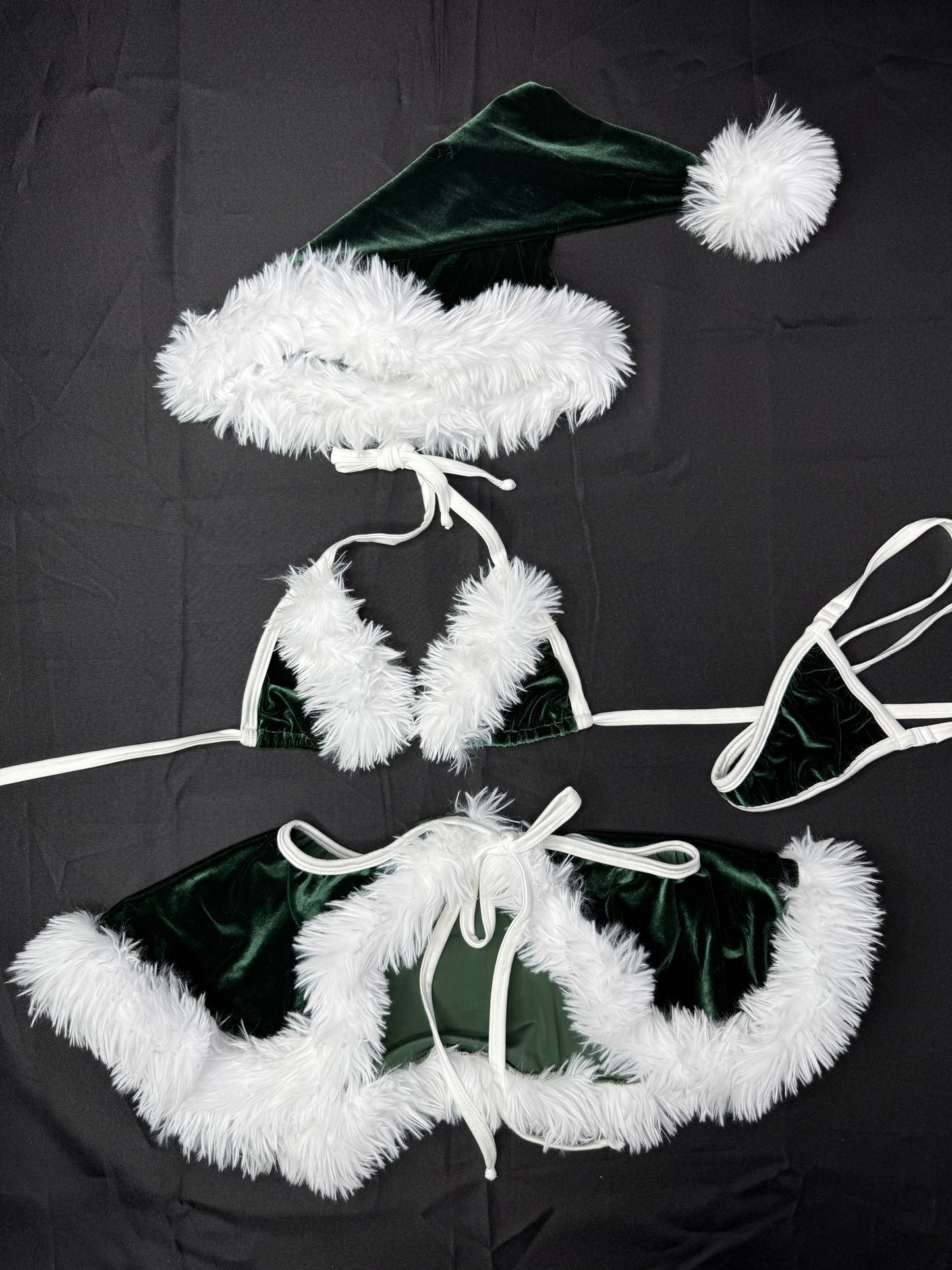 Green Velvet/White Fur Two-Piece Skirt With Hat Lingerie Outfit