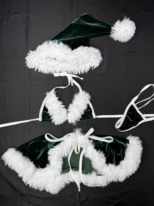 Green Velvet/White Fur Two-Piece Skirt With Hat Lingerie Outfit