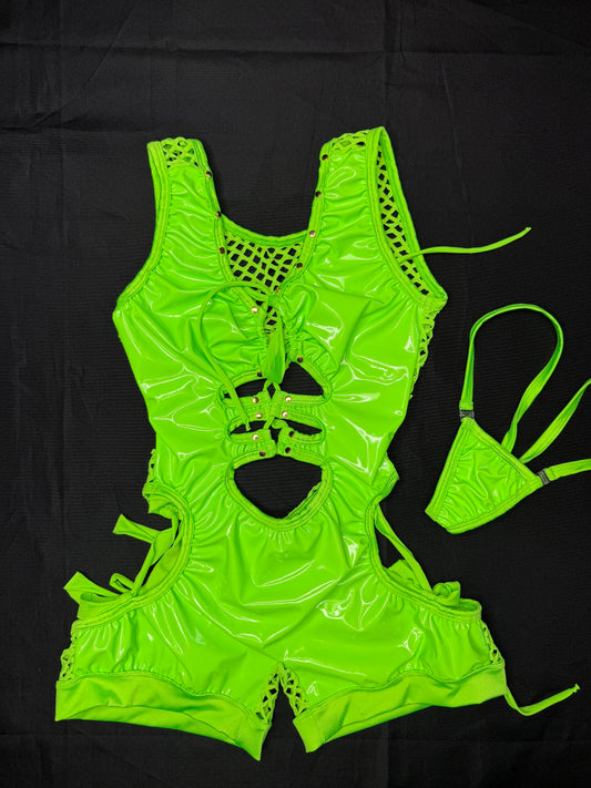Neon Green Latex/Spandex Romper Lingerie Outfit