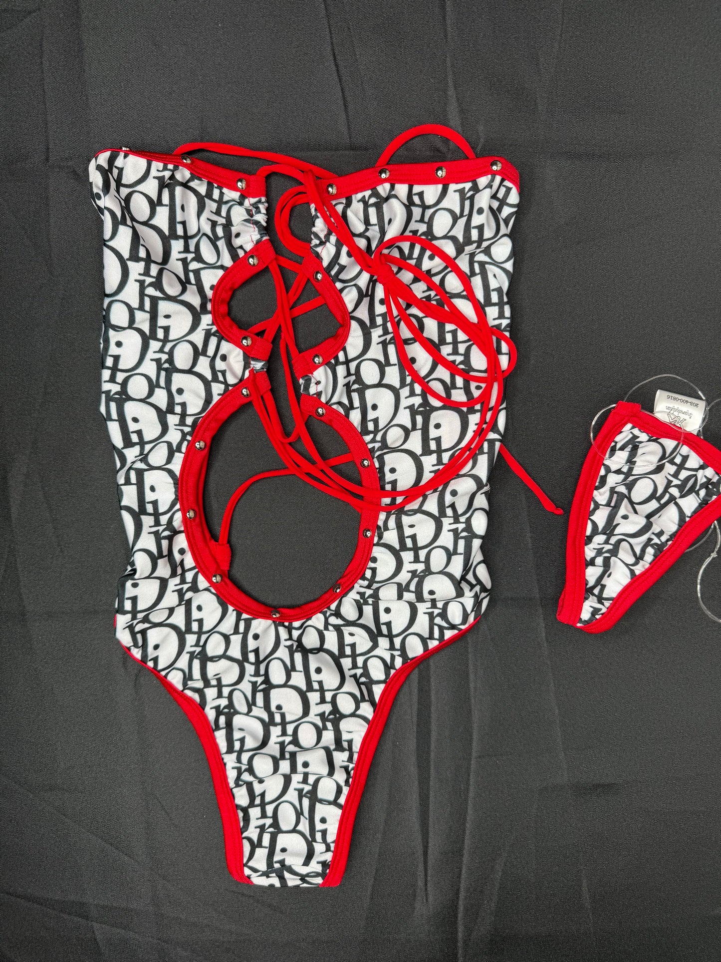 White Designer/Red Spandex One-Piece Lingerie Outfit