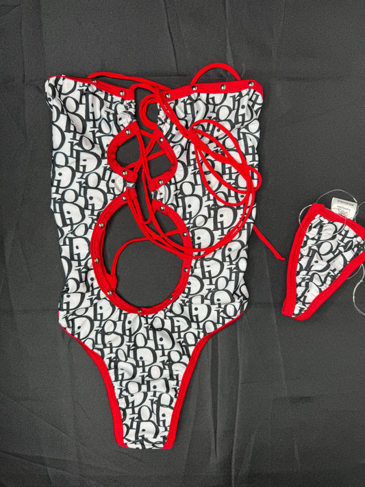 White Designer/Red Spandex One-Piece Lingerie Outfit