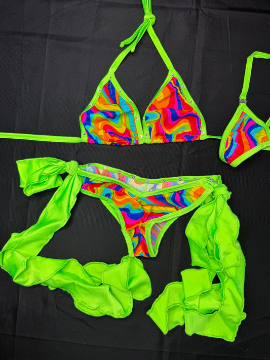 Neon Yellow/Multi Color Spandex Two-Piece Bikini Lingerie Outfit