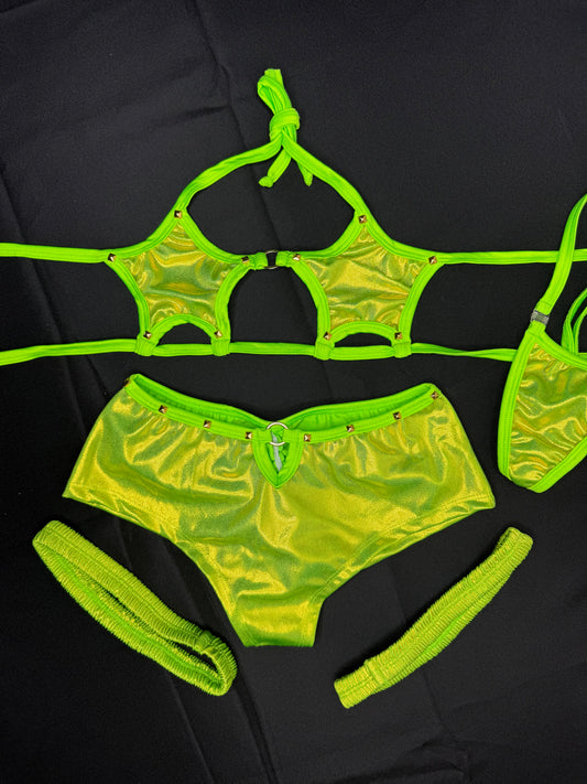 Lime-Green Star Bikini Top/Shorts Garters Lingerie Outfit