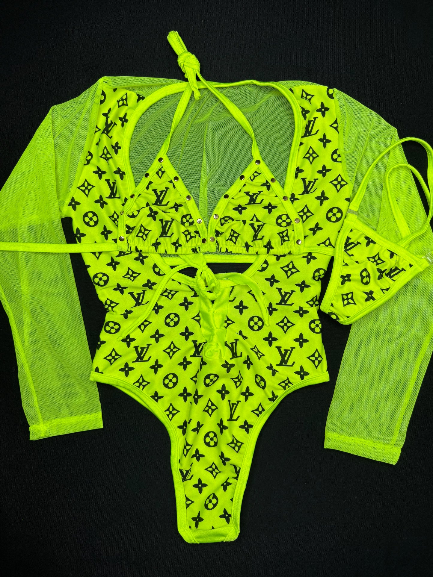 Neon Yellow Designer One-Piece Long Sleeve Leotard Lingerie Outfit
