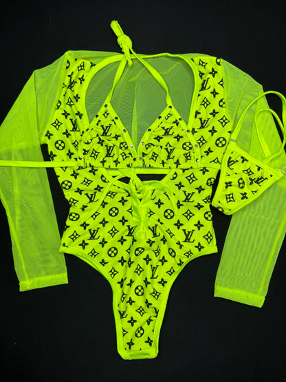 Neon Yellow Designer One-Piece Long Sleeve Leotard Lingerie Outfit