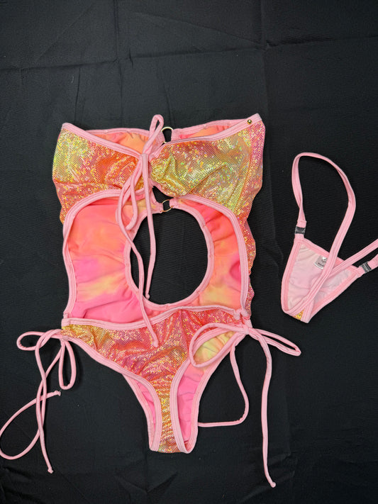 Sparkle Pink Holographic One-Piece Lingerie Outfit