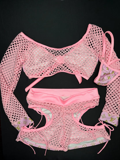 Baby Pink Designer Long Sleeve/Shorts Two-Piece Lingerie Outfit