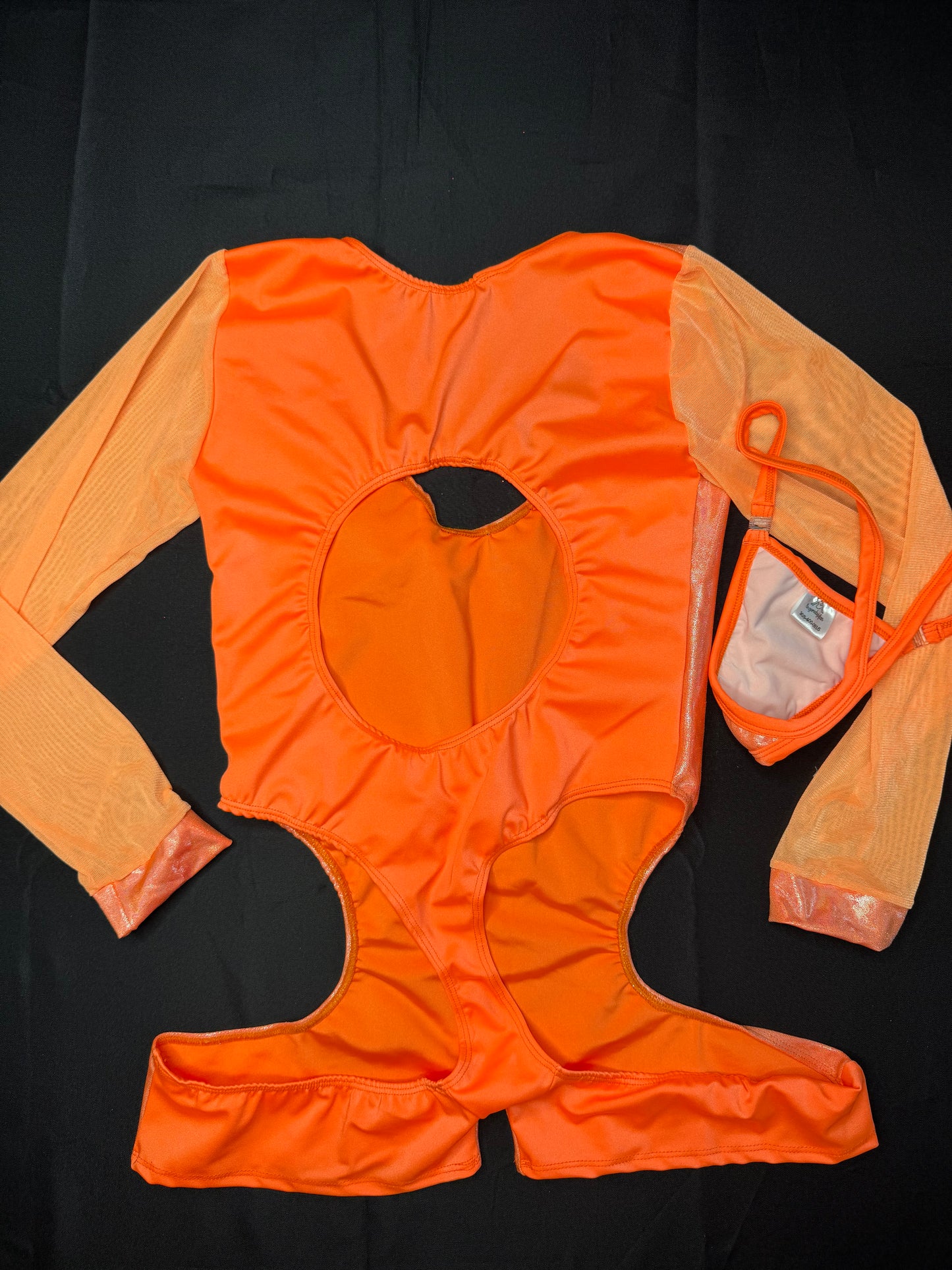 Metallic Orange Spandex/Orange Mesh Romper Lingerie Outfit