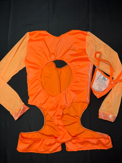 Metallic Orange Spandex/Orange Mesh Romper Lingerie Outfit