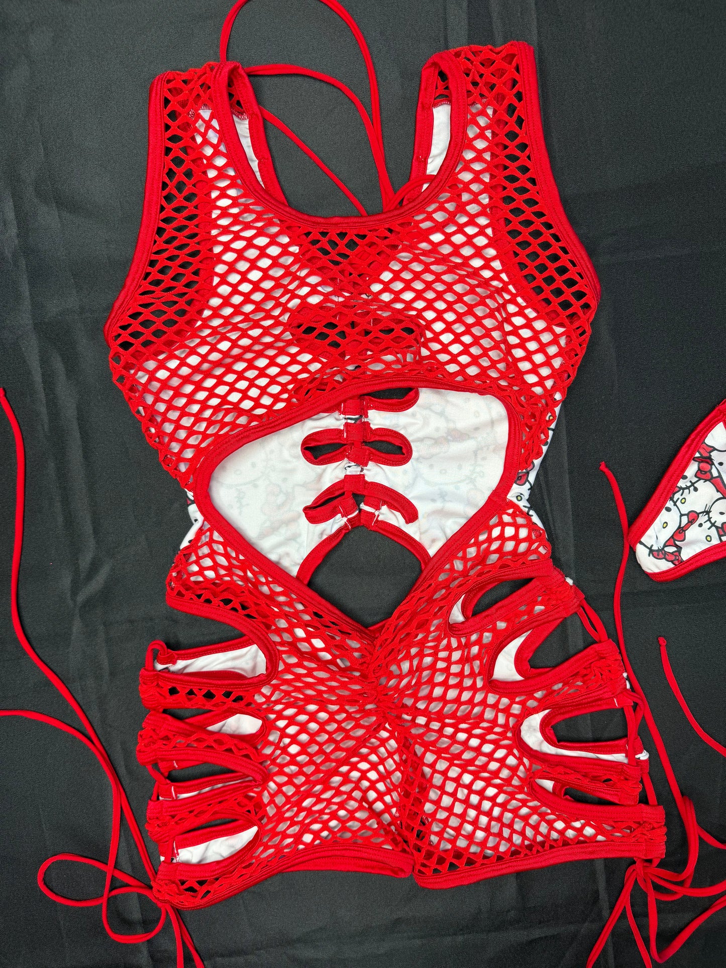 Red/Kitty Print Spandex Romper Lingerie Outfit