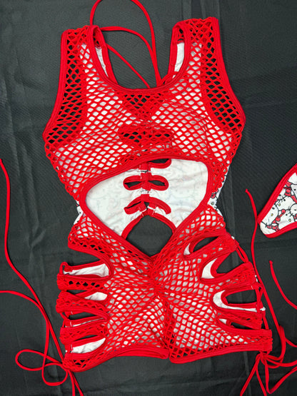 Red/Kitty Print Spandex Romper Lingerie Outfit