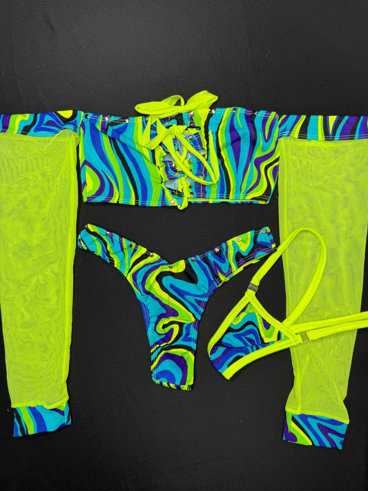 Cosmic Blue/Neon Yellow Long Sleeve Tube Top/Cheeky Thong Two-Piece Lingerie Outfit