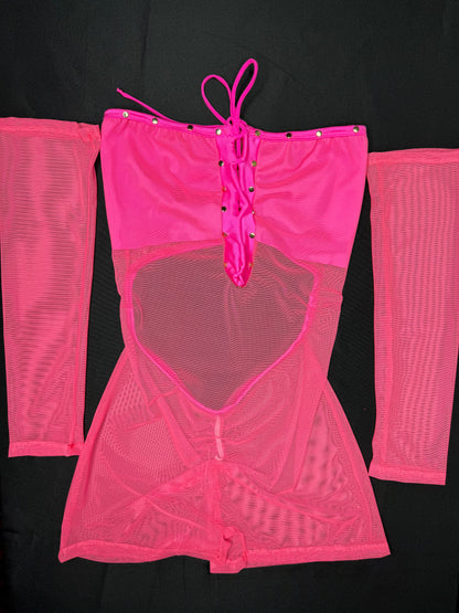 Hot Pink Three-Piece Mesh Cheeky Thong/Sleeves Lingerie Outfit