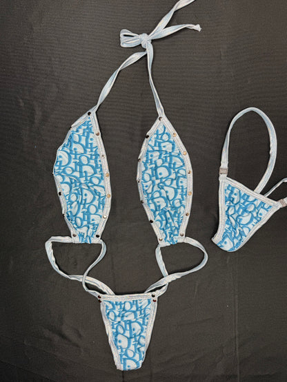 Baby Blue Designer Spandex/Mesh Three Piece Sling Shot/Skirt Lingerie Combo